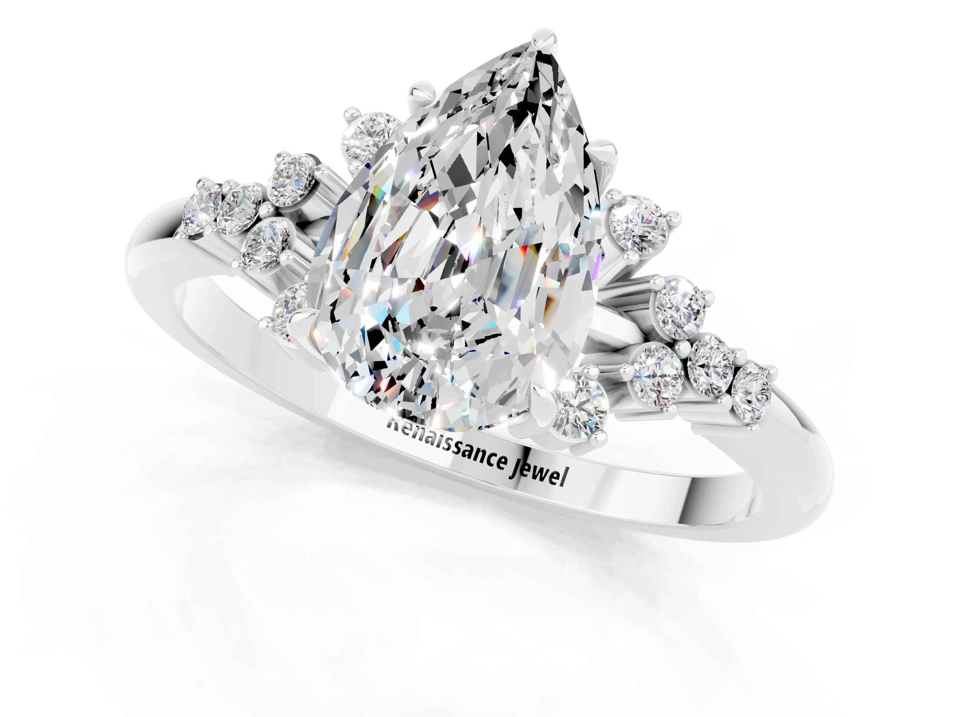 White gold Pear Cut Moissanite Ring with Side Stones and Four-Prong Setting_37