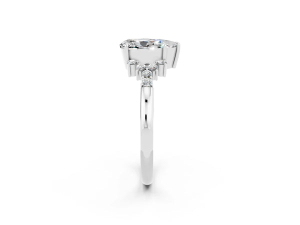 White gold Pear Cut Moissanite Ring with Side Stones and Four-Prong Setting