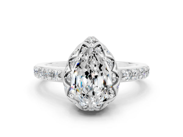 Silver Pear Cut Moissanite Scalloped Halo Engagement Ring with Round Shared Prong Band