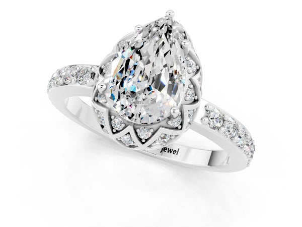 White gold Pear Cut Moissanite Scalloped Halo Engagement Ring with Round Shared Prong Band