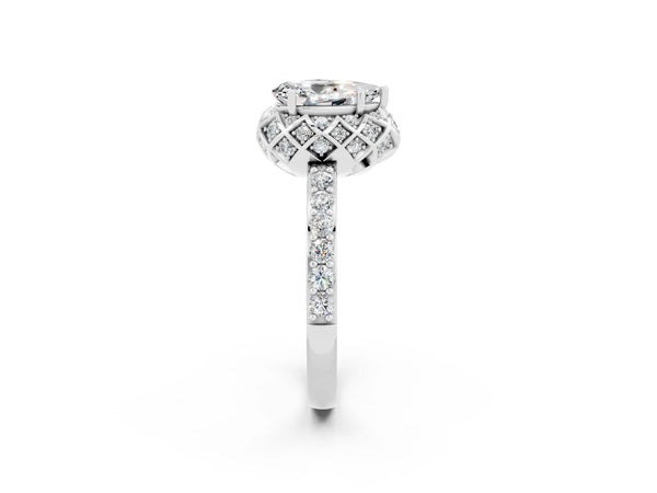Platinum Pear Cut Moissanite Scalloped Halo Engagement Ring with Round Shared Prong Band