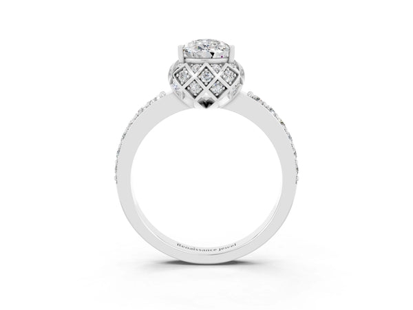Platinum Pear Cut Moissanite Scalloped Halo Engagement Ring with Round Shared Prong Band