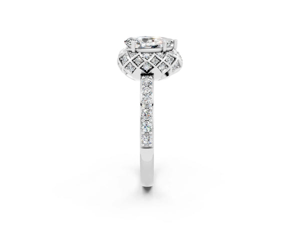 White gold Pear Cut Moissanite Scalloped Halo Engagement Ring with Round Shared Prong Band