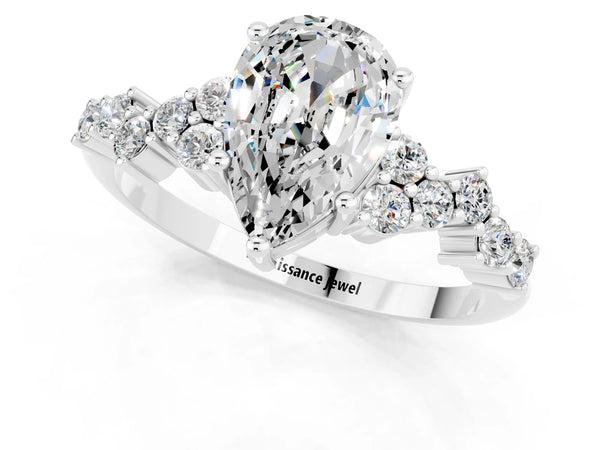 White gold Pear Cut Moissanite Scattered Round Accent Ring with Prong Setting