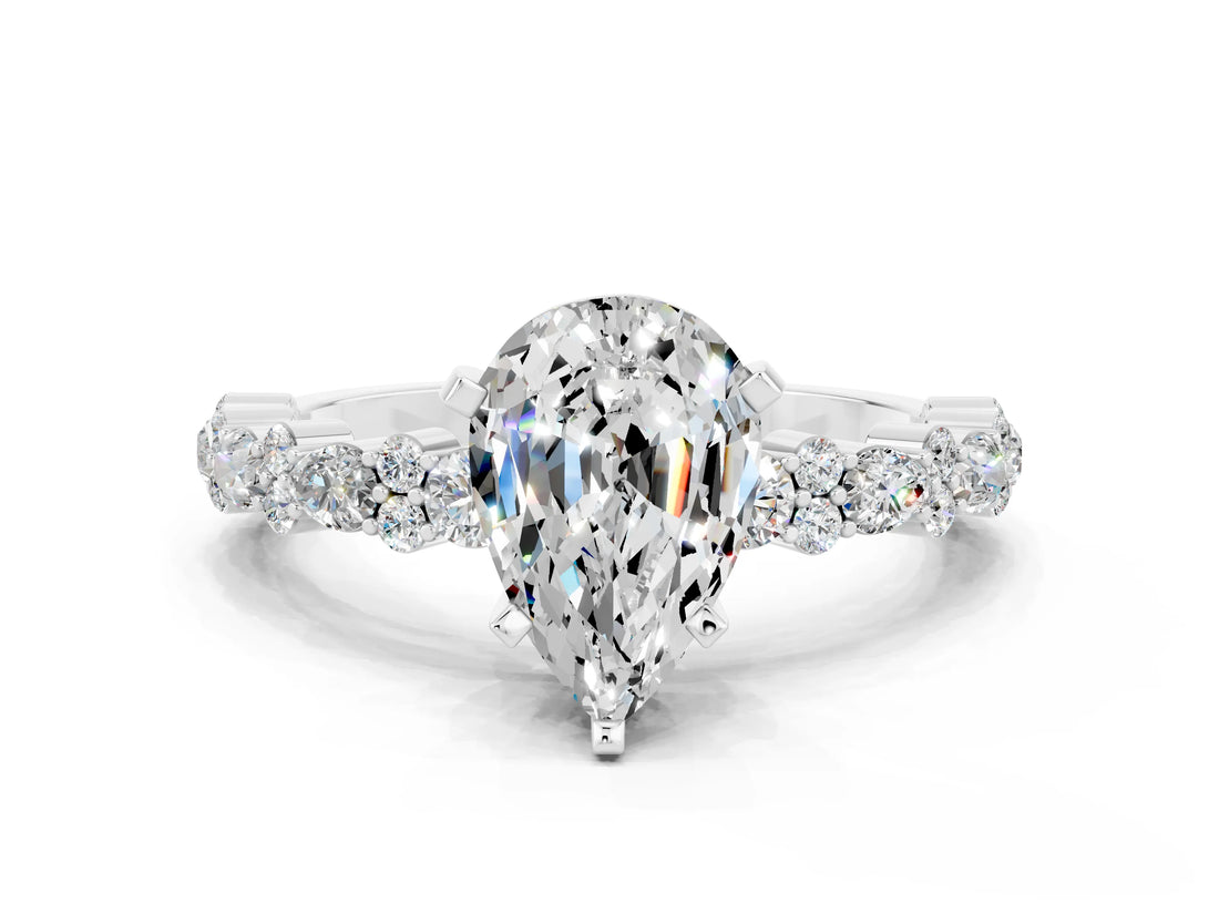 White gold Pear Cut Moissanite Side Stone Solitaire Ring with Round  and Four-Prong Setting_48
