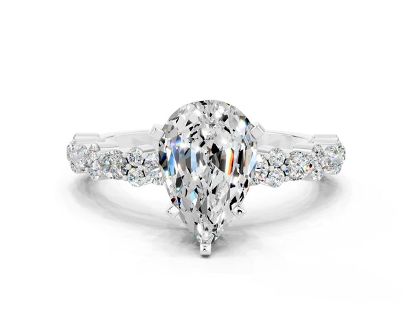 Silver Pear Cut Moissanite Side Stone Solitaire Ring with Round  and Four-Prong Setting