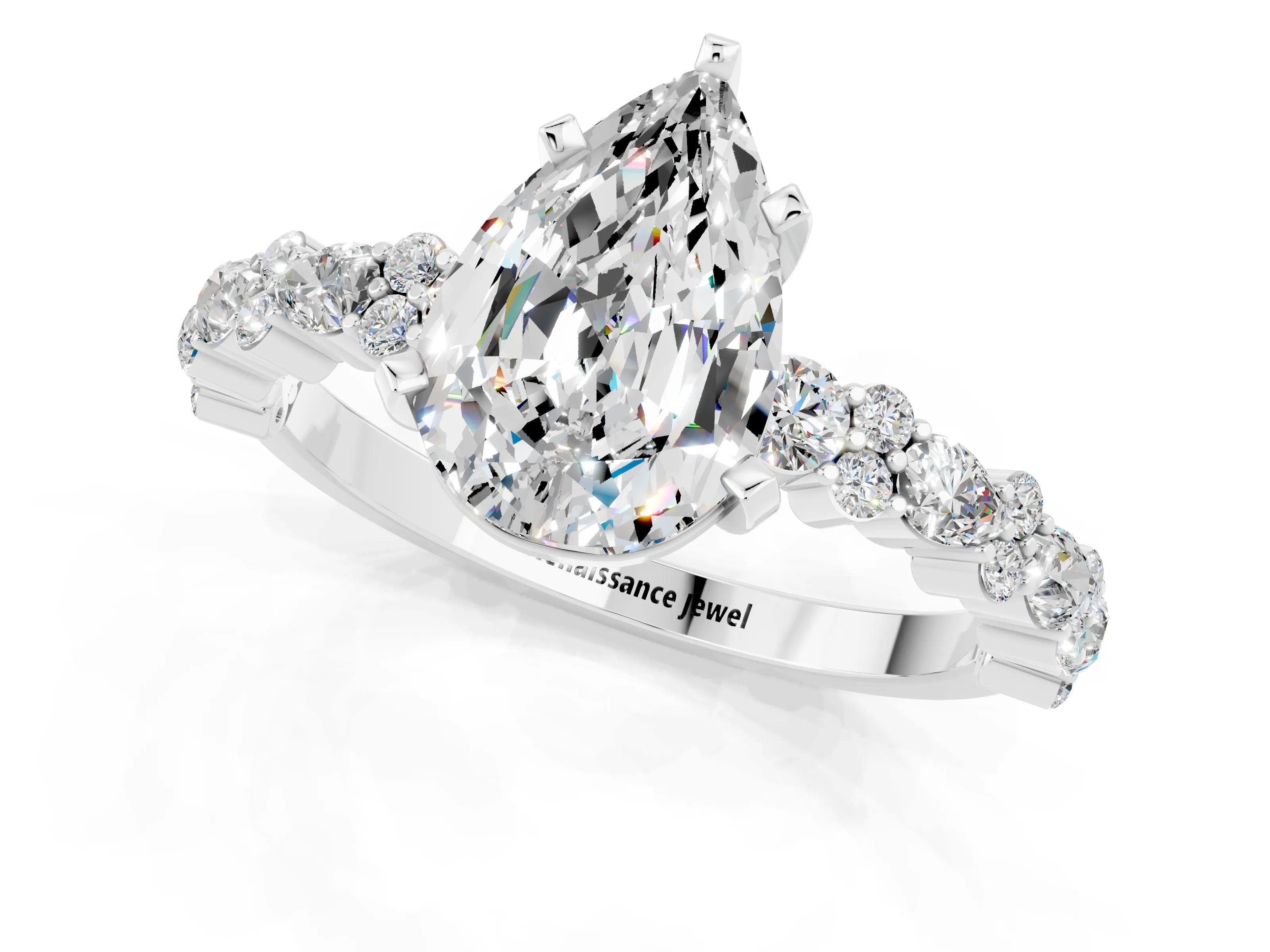 White gold Pear Cut Moissanite Side Stone Solitaire Ring with Round  and Four-Prong Setting_49