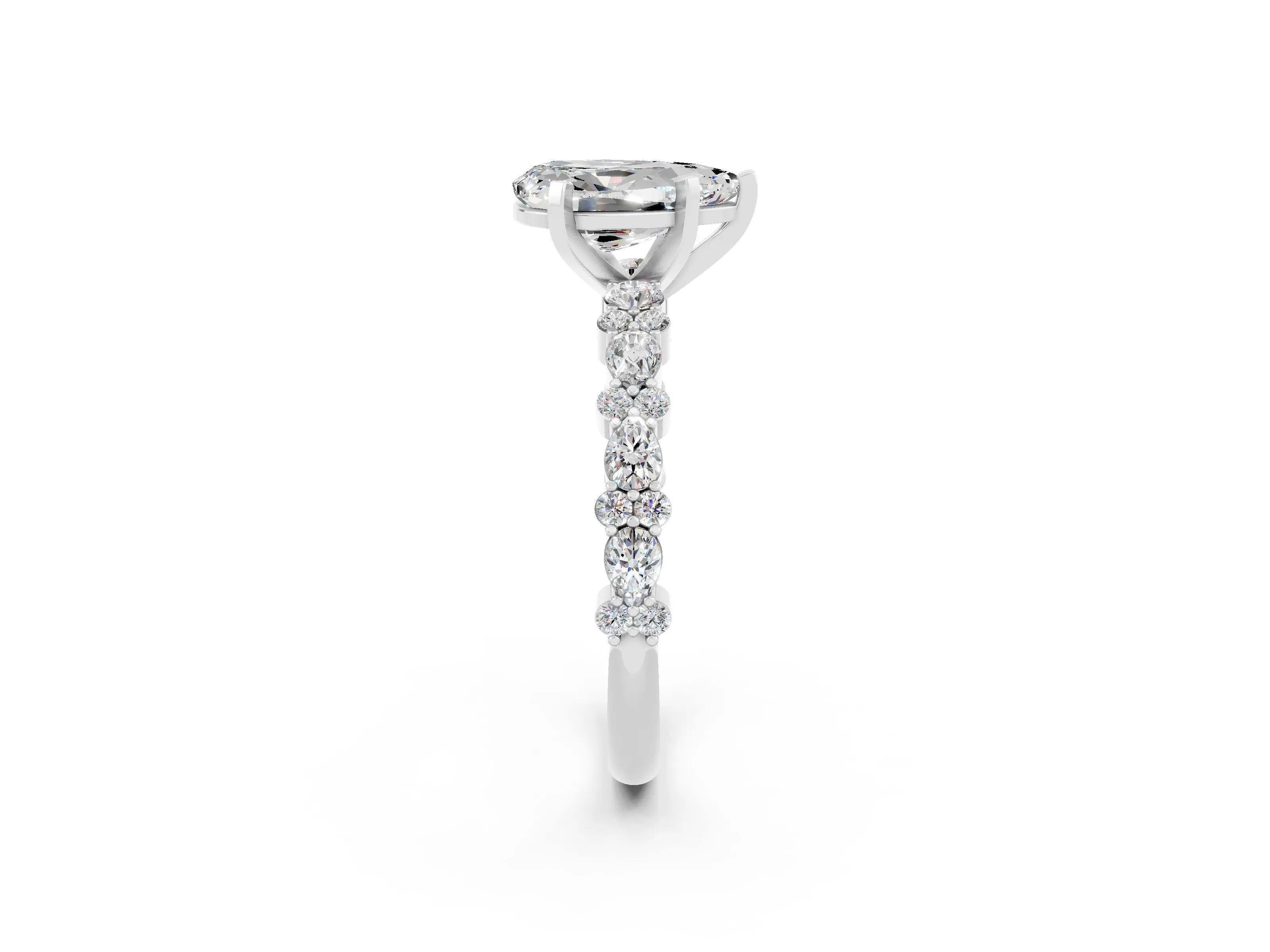 White gold Pear Cut Moissanite Side Stone Solitaire Ring with Round  and Four-Prong Setting_50