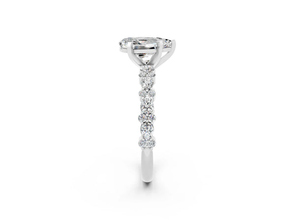 White gold Pear Cut Moissanite Side Stone Solitaire Ring with Round  and Four-Prong Setting