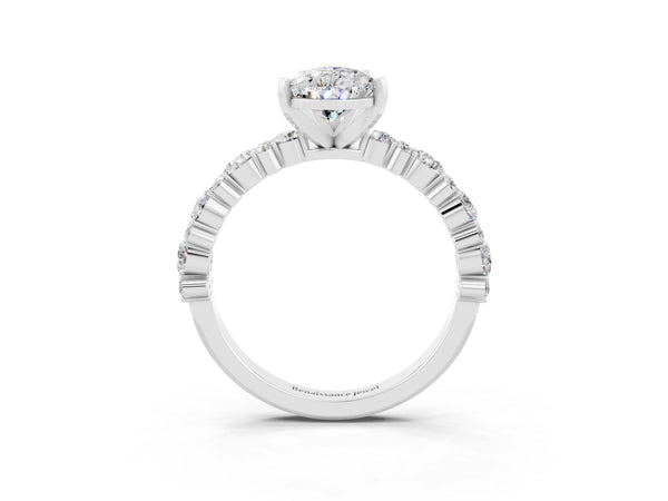 White gold Pear Cut Moissanite Side Stone Solitaire Ring with Round  and Four-Prong Setting
