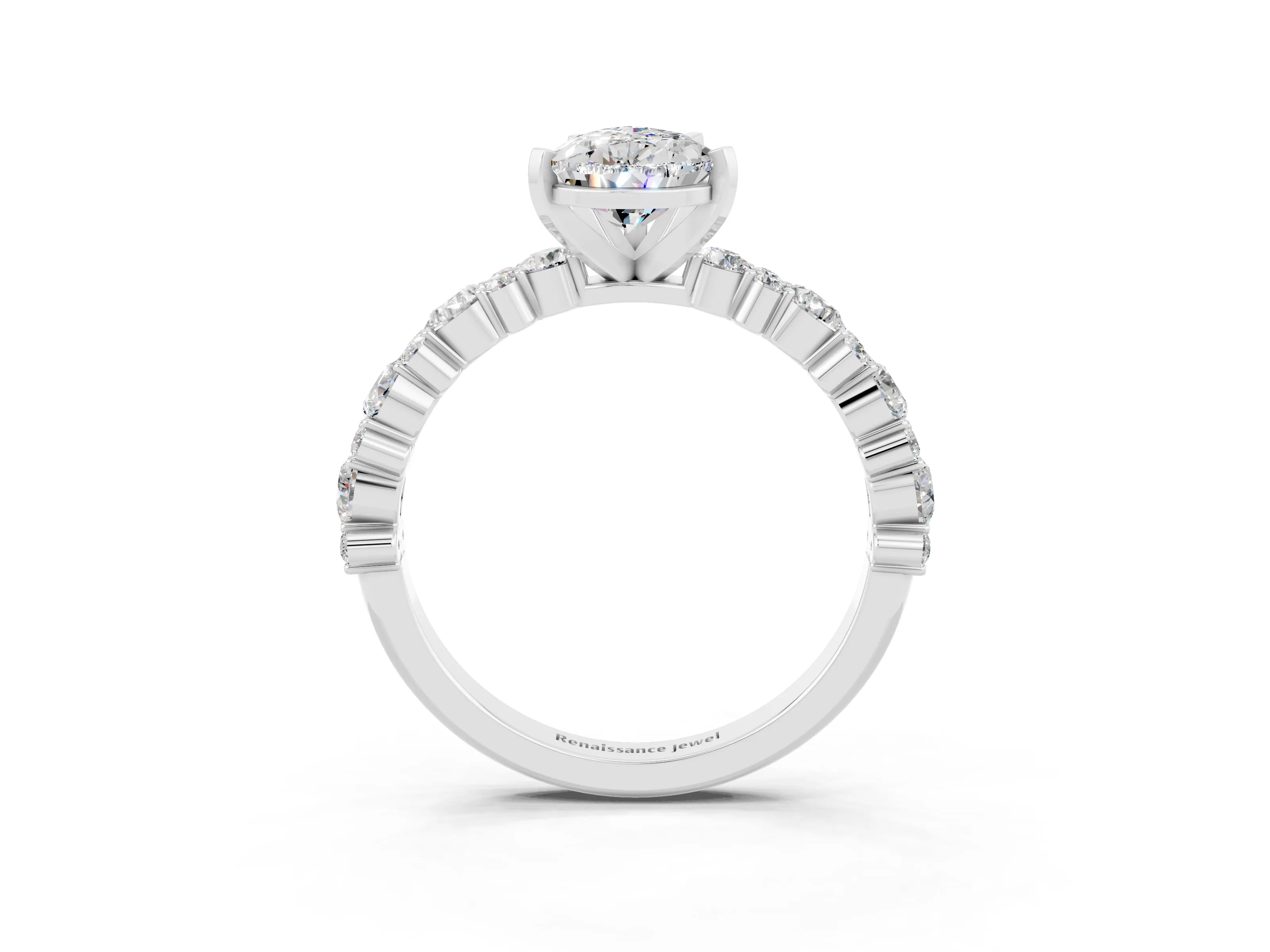 White gold Pear Cut Moissanite Side Stone Solitaire Ring with Round  and Four-Prong Setting_51