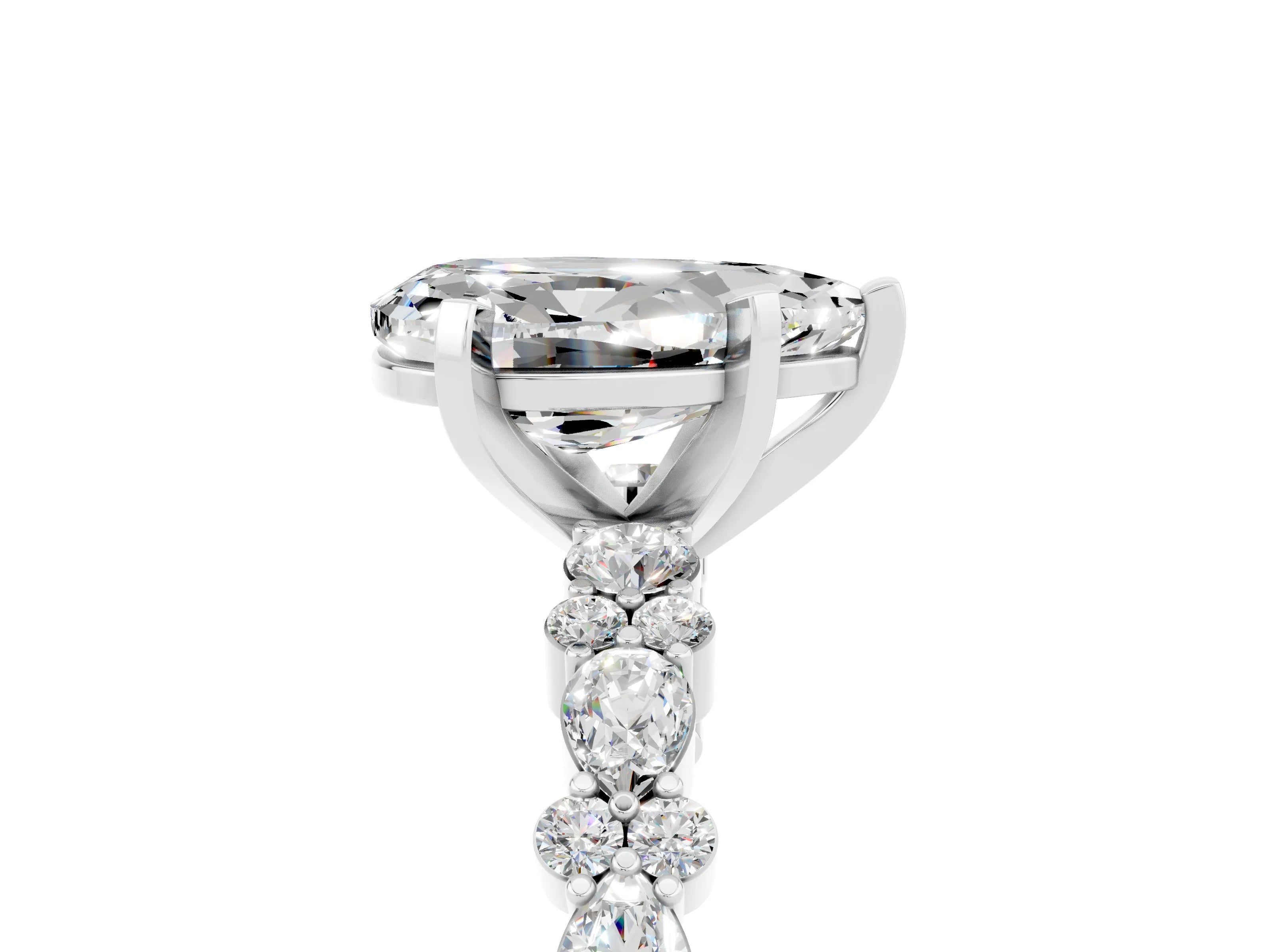 White gold Pear Cut Moissanite Side Stone Solitaire Ring with Round  and Four-Prong Setting_53