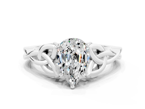 White gold Pear Cut Moissanite Solitaire Celtic Knot Ring with Four-Prong Setting
