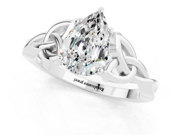 Silver Pear Cut Moissanite Solitaire Celtic Knot Ring with Four-Prong Setting
