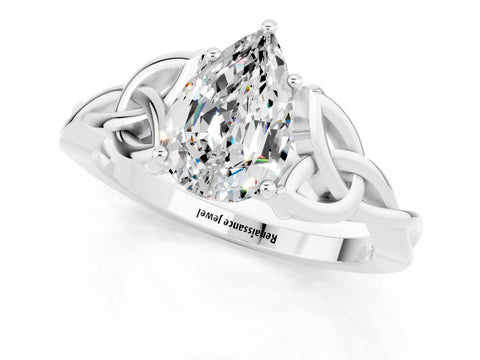 White gold Pear Cut Moissanite Solitaire Celtic Knot Ring with Four-Prong Setting_13