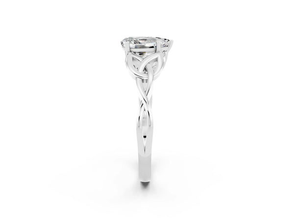 Platinum Pear Cut Moissanite Solitaire Celtic Knot Ring with Four-Prong Setting