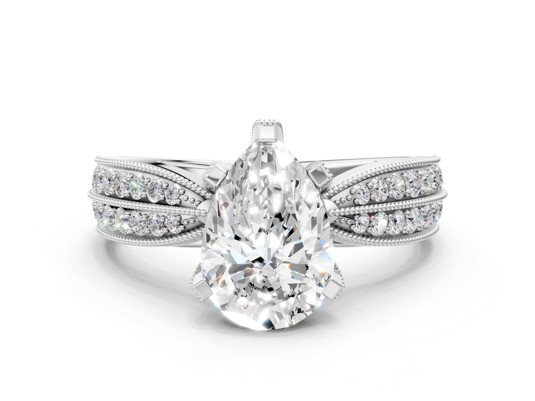 White gold Pear Cut Moissanite   Solitaire Diamond Ring with Milgrain Pavé Band and Four-Prong Setting_33