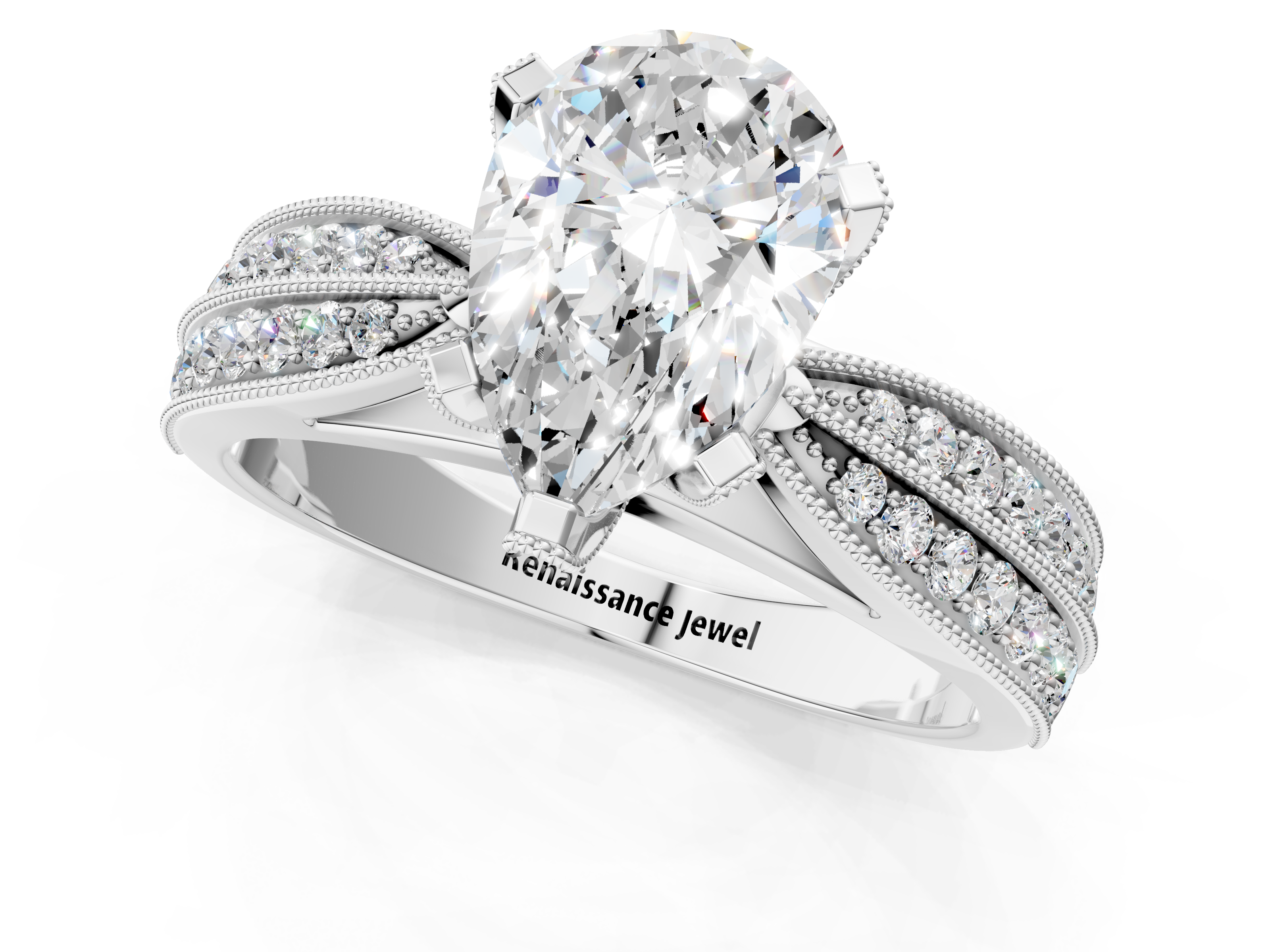 White gold Pear Cut Moissanite   Solitaire Diamond Ring with Milgrain Pavé Band and Four-Prong Setting_34