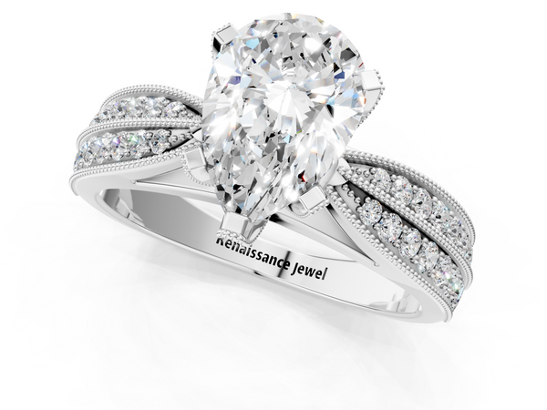 Silver Pear Cut Moissanite   Solitaire Diamond Ring with Milgrain Pavé Band and Four-Prong Setting
