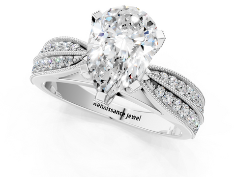 White gold Pear Cut Moissanite   Solitaire Diamond Ring with Milgrain Pavé Band and Four-Prong Setting_34