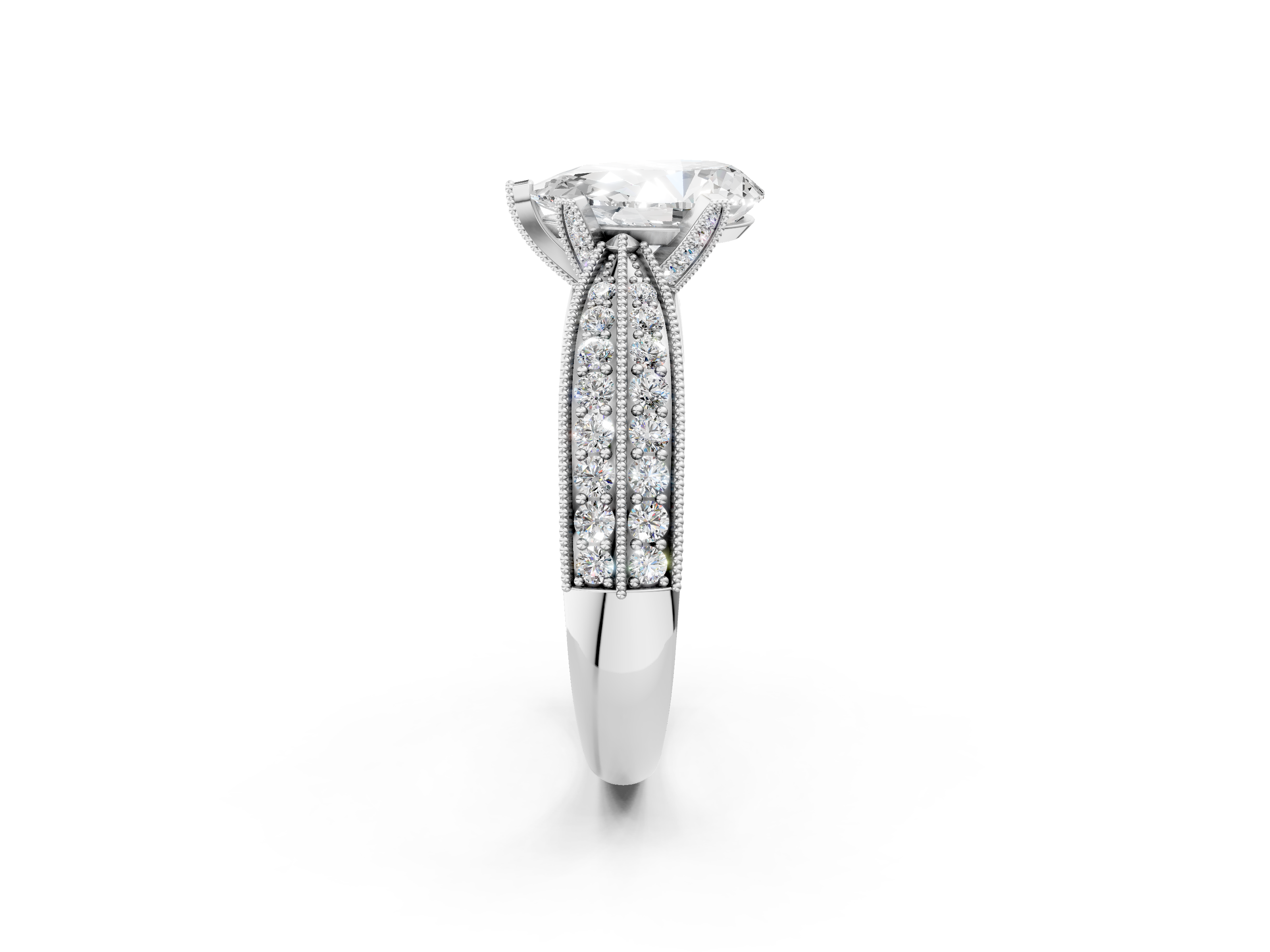 White gold Pear Cut Moissanite   Solitaire Diamond Ring with Milgrain Pavé Band and Four-Prong Setting_35