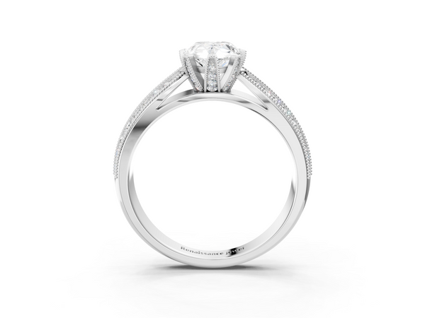 Platinum Pear Cut Moissanite   Solitaire Diamond Ring with Milgrain Pavé Band and Four-Prong Setting