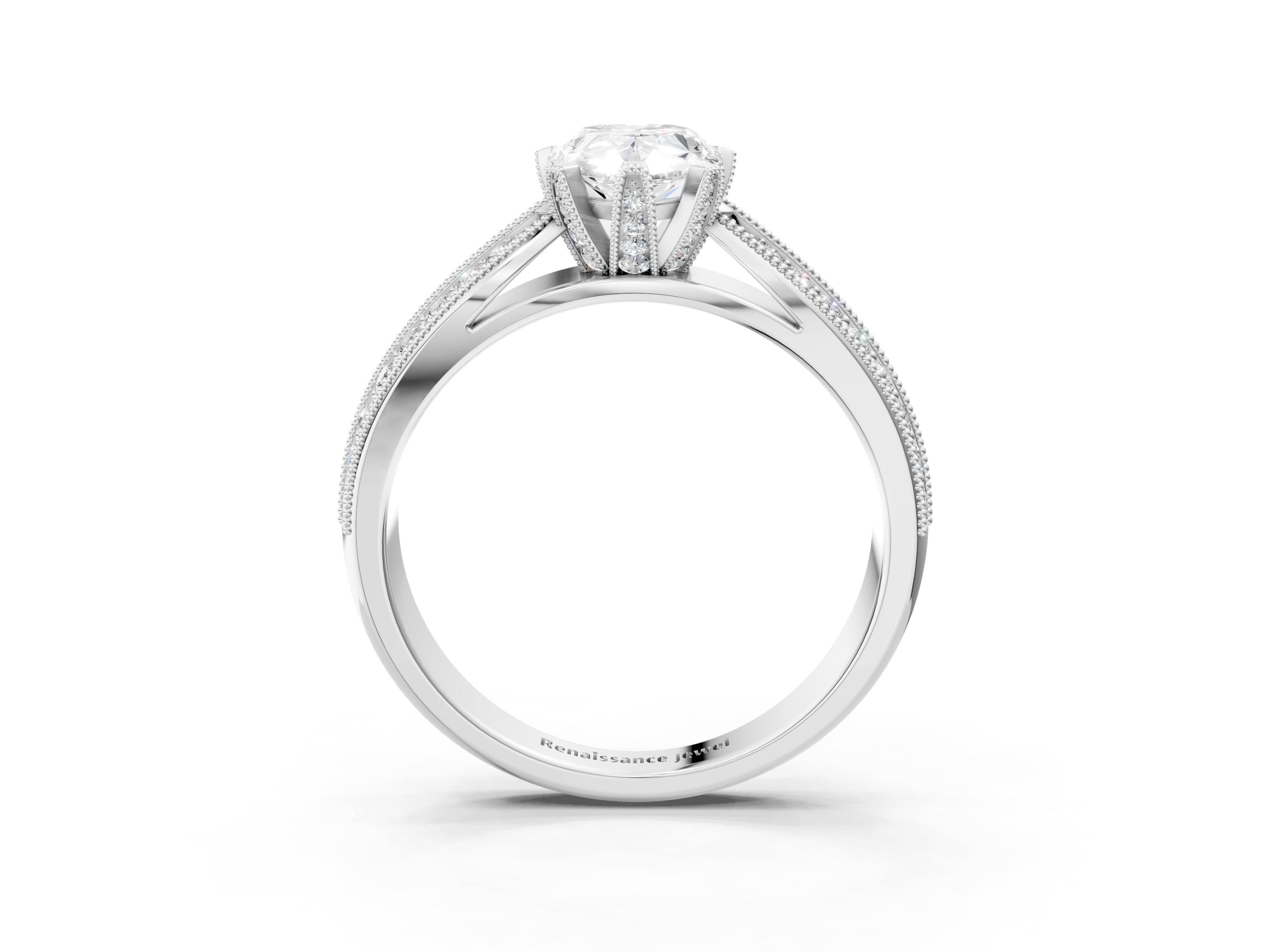 White gold Pear Cut Moissanite   Solitaire Diamond Ring with Milgrain Pavé Band and Four-Prong Setting_36