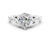 White gold Pear Cut Moissanite Solitaire Engagement Ring with Celtic Knot Band and Four-Prong Setting