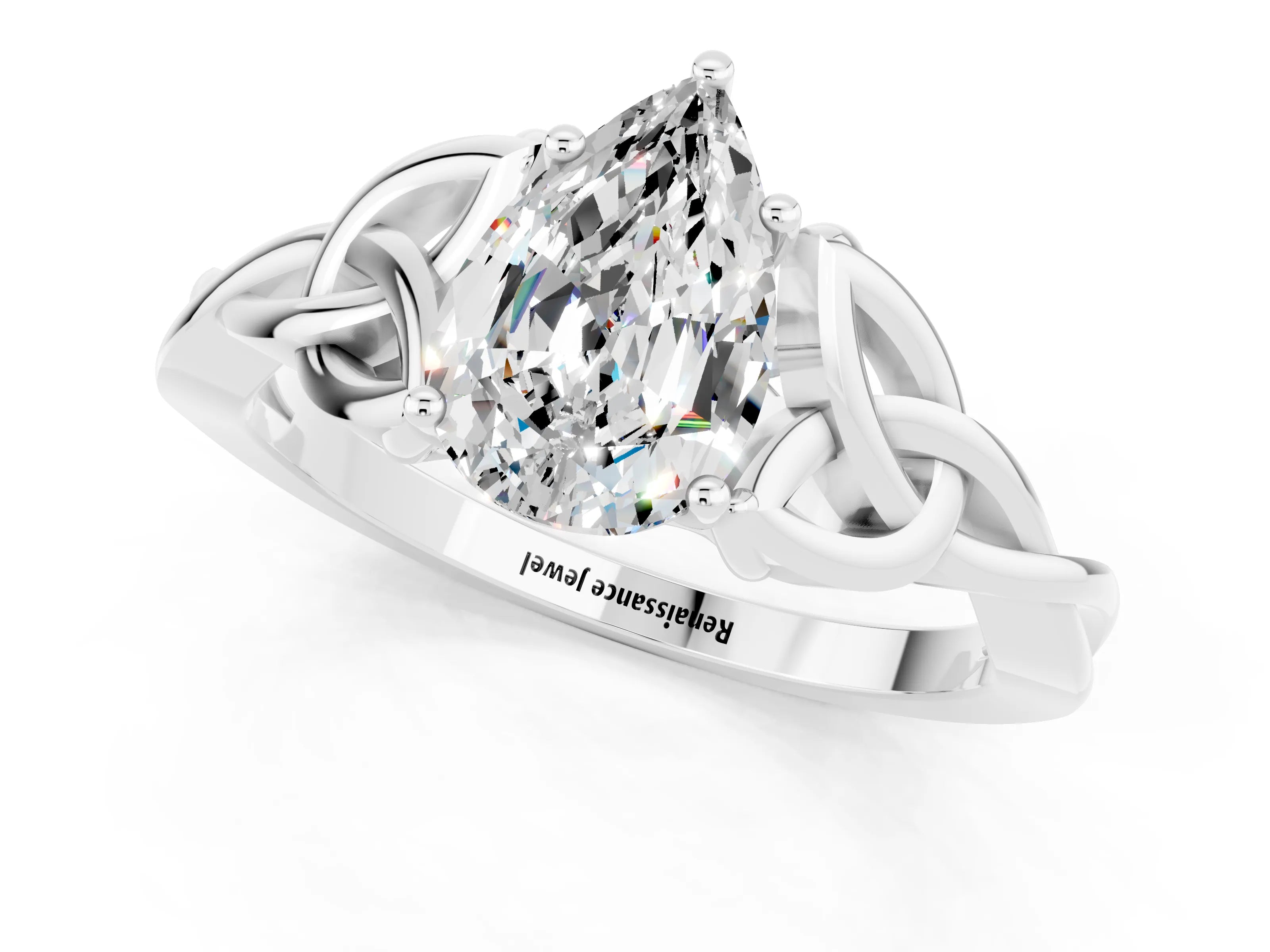 White gold Pear Cut Moissanite Solitaire Engagement Ring with Celtic Knot Band and Four-Prong Setting_1
