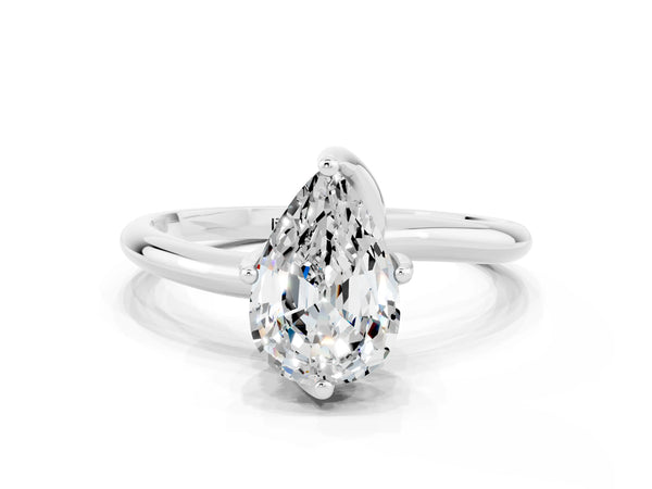 Silver Pear Cut Moissanite Solitaire Engagement Ring with Four-Prong Setting and Classic Band