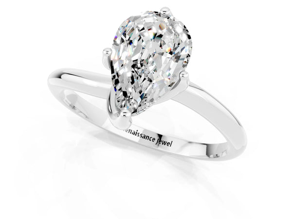Silver Pear Cut Moissanite Solitaire Engagement Ring with Four-Prong Setting and Classic Band