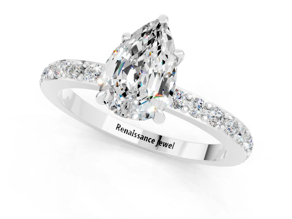 Silver Pear Cut Moissanite Solitaire Engagement Ring with Pavé Band and Four-Prong Setting