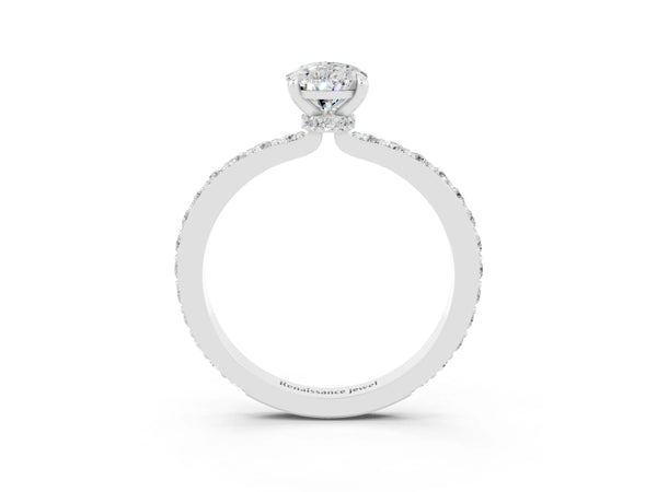 Platinum Pear Cut Moissanite Solitaire Engagement Ring with Pavé Band and Four-Prong Setting