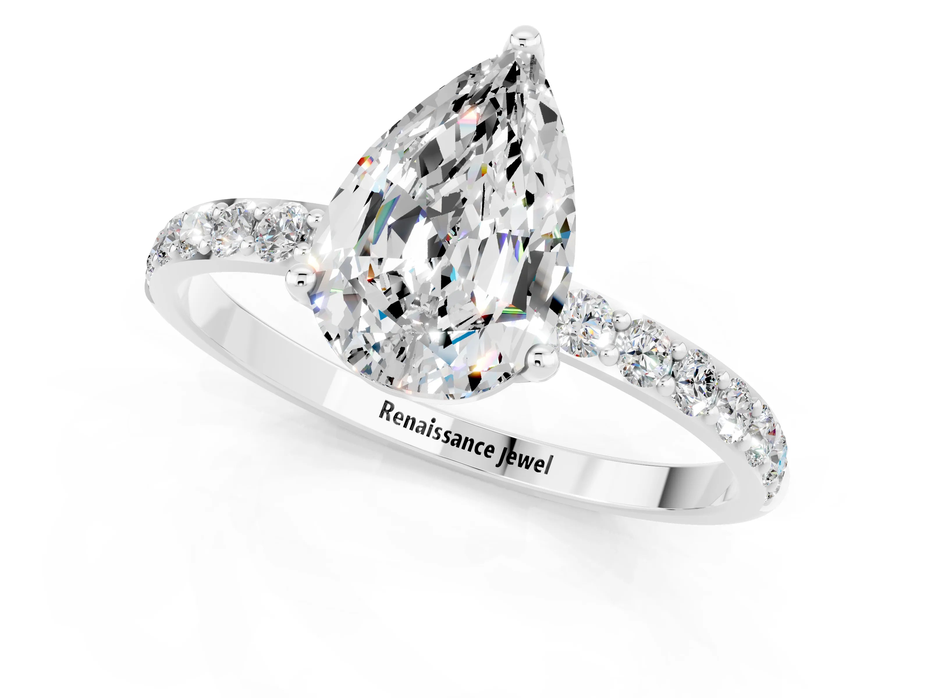 White gold Pear Cut Moissanite Solitaire Engagement Ring with Pavé Band and Prong Setting_1