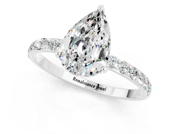 White gold Pear Cut Moissanite Solitaire Engagement Ring with Round  Pavé Band and Prong Setting