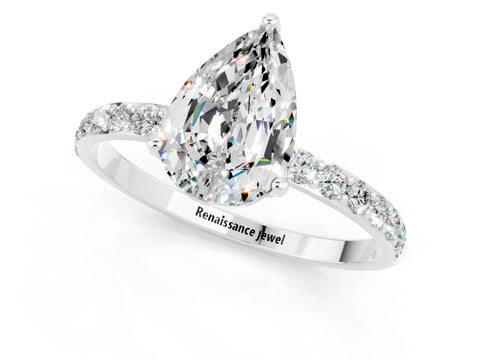 White gold Pear Cut Moissanite Solitaire Engagement Ring with Pavé Band and Prong Setting_1