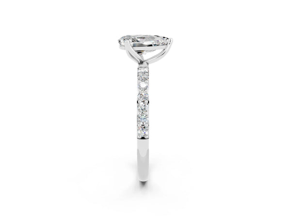 Silver Pear Cut Moissanite Solitaire Engagement Ring with Round  Pavé Band and Prong Setting