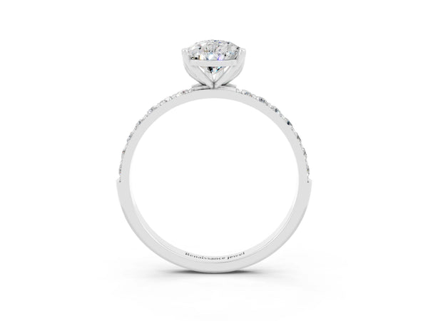 Silver Pear Cut Moissanite Solitaire Engagement Ring with Round  Pavé Band and Prong Setting
