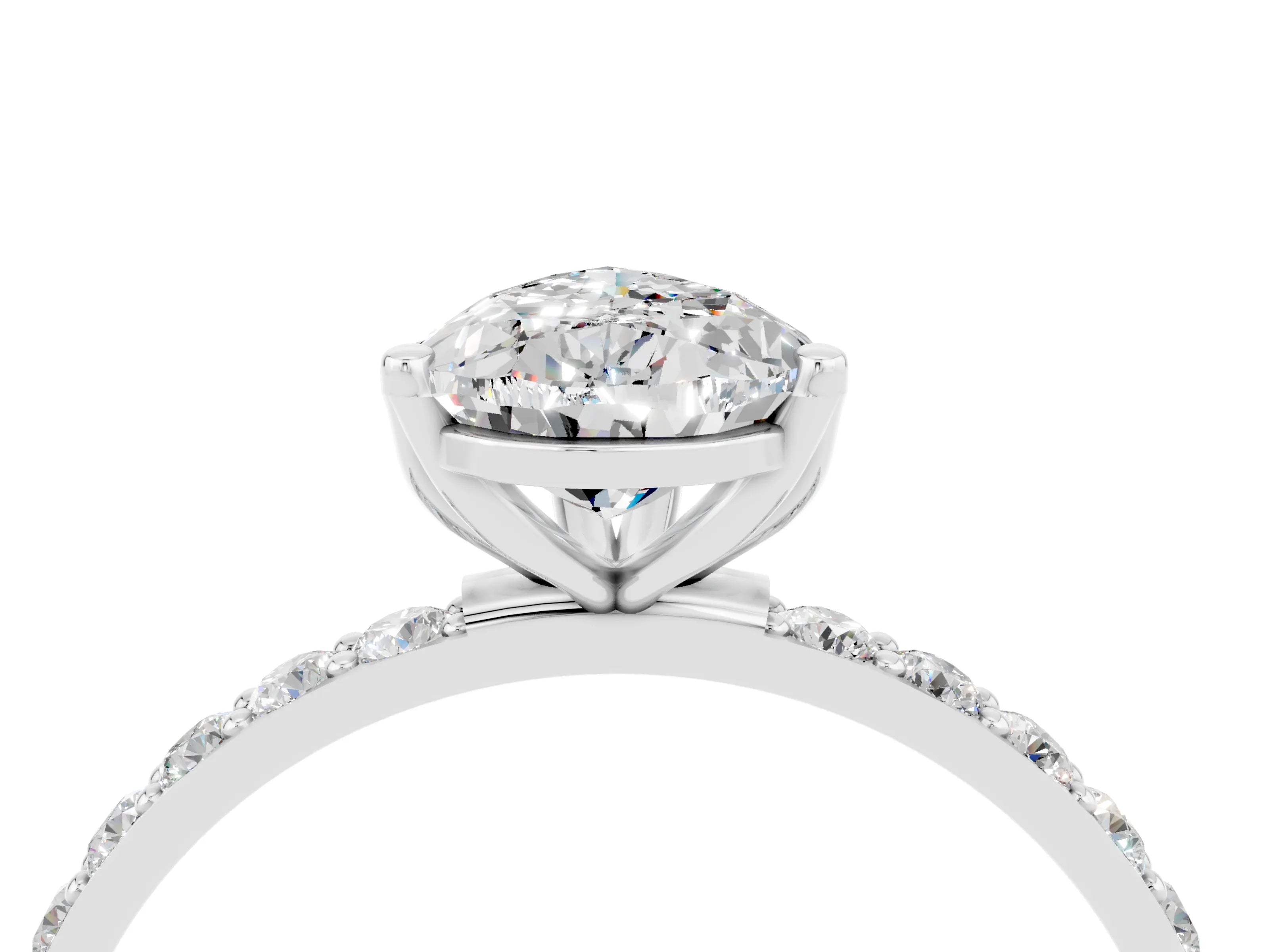 White gold Pear Cut Moissanite Solitaire Engagement Ring with Pavé Band and Prong Setting_4