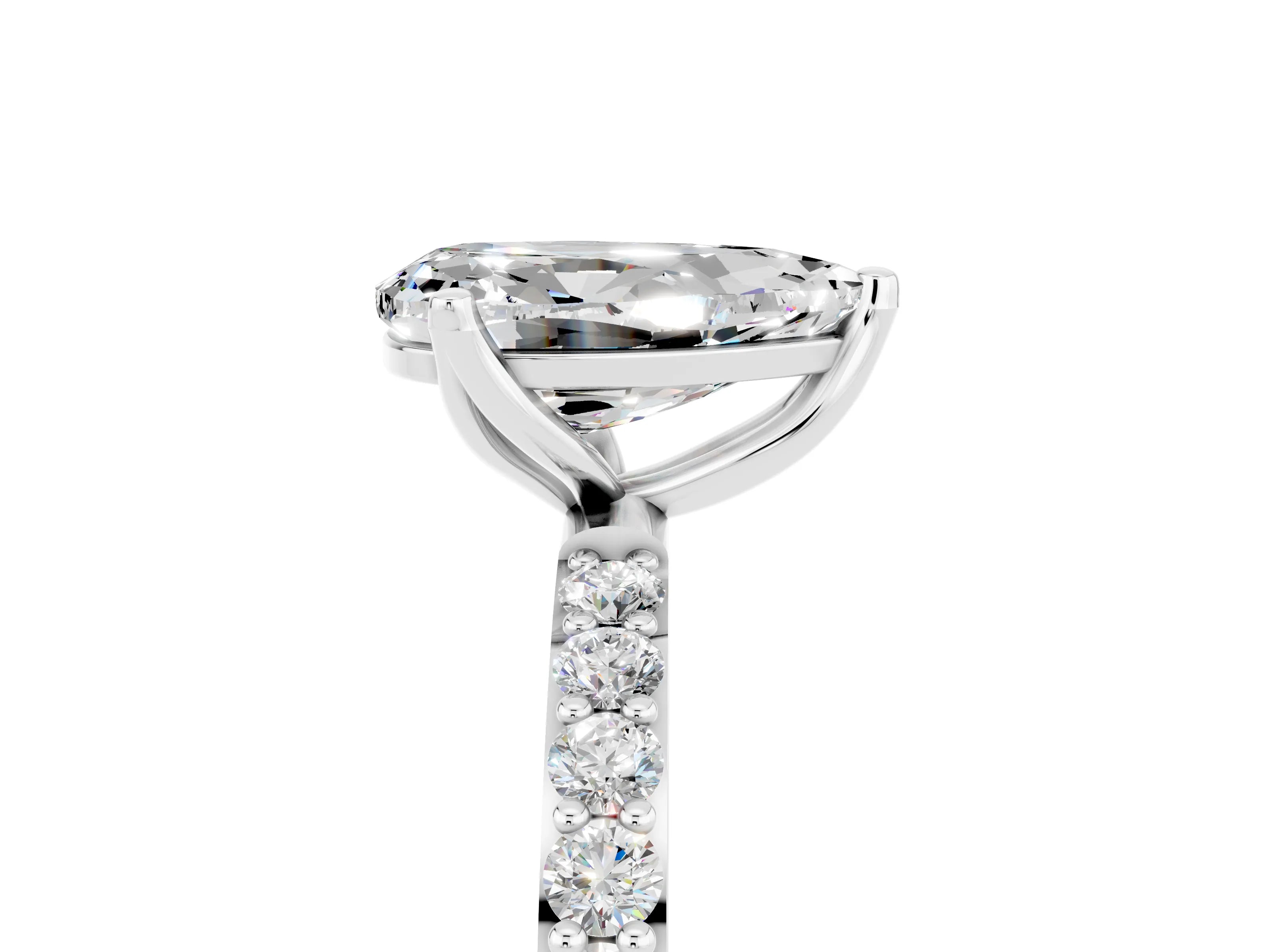 White gold Pear Cut Moissanite Solitaire Engagement Ring with Pavé Band and Prong Setting_5