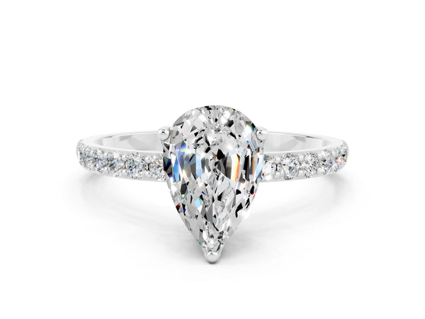 Silver Pear Cut Moissanite Solitaire Engagement Ring with Round  Pavé Band and Prong Setting