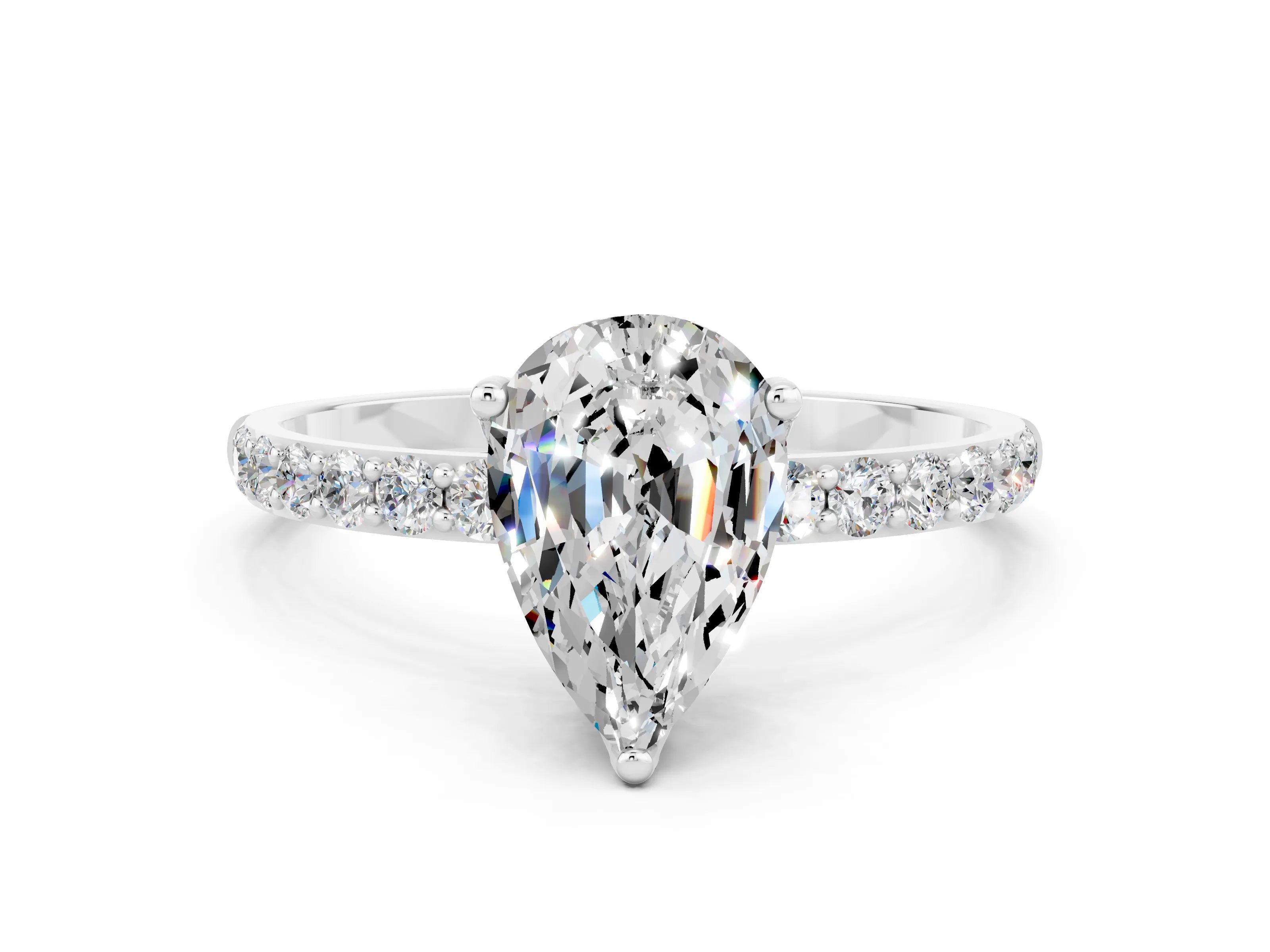 White gold Pear Cut Moissanite Solitaire Engagement Ring with Pavé Band and Prong Setting