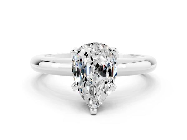 Platinum Pear Cut Moissanite Solitaire Engagement Ring with Round Band and Four-Prong Setting