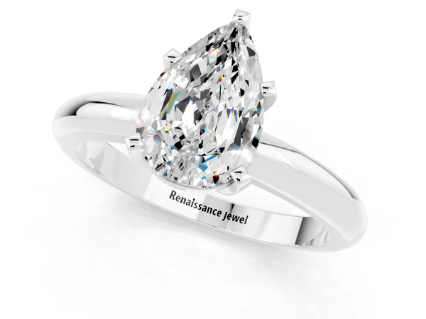 White gold Pear Cut Moissanite Solitaire Engagement Ring with Round Band and Four-Prong Setting