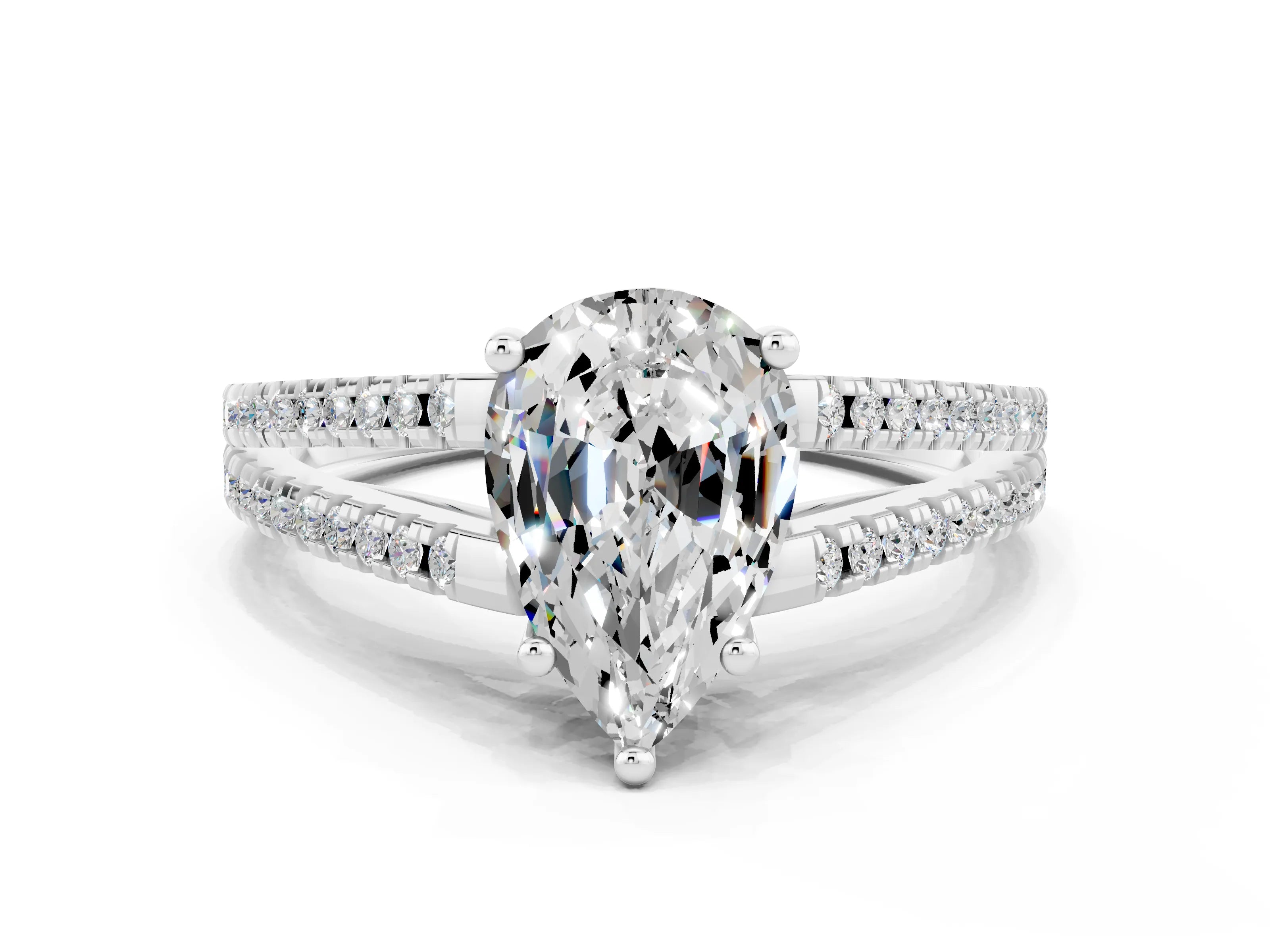 White gold Pear Cut Moissanite Solitaire Engagement Ring with Split Shank Pavé Band