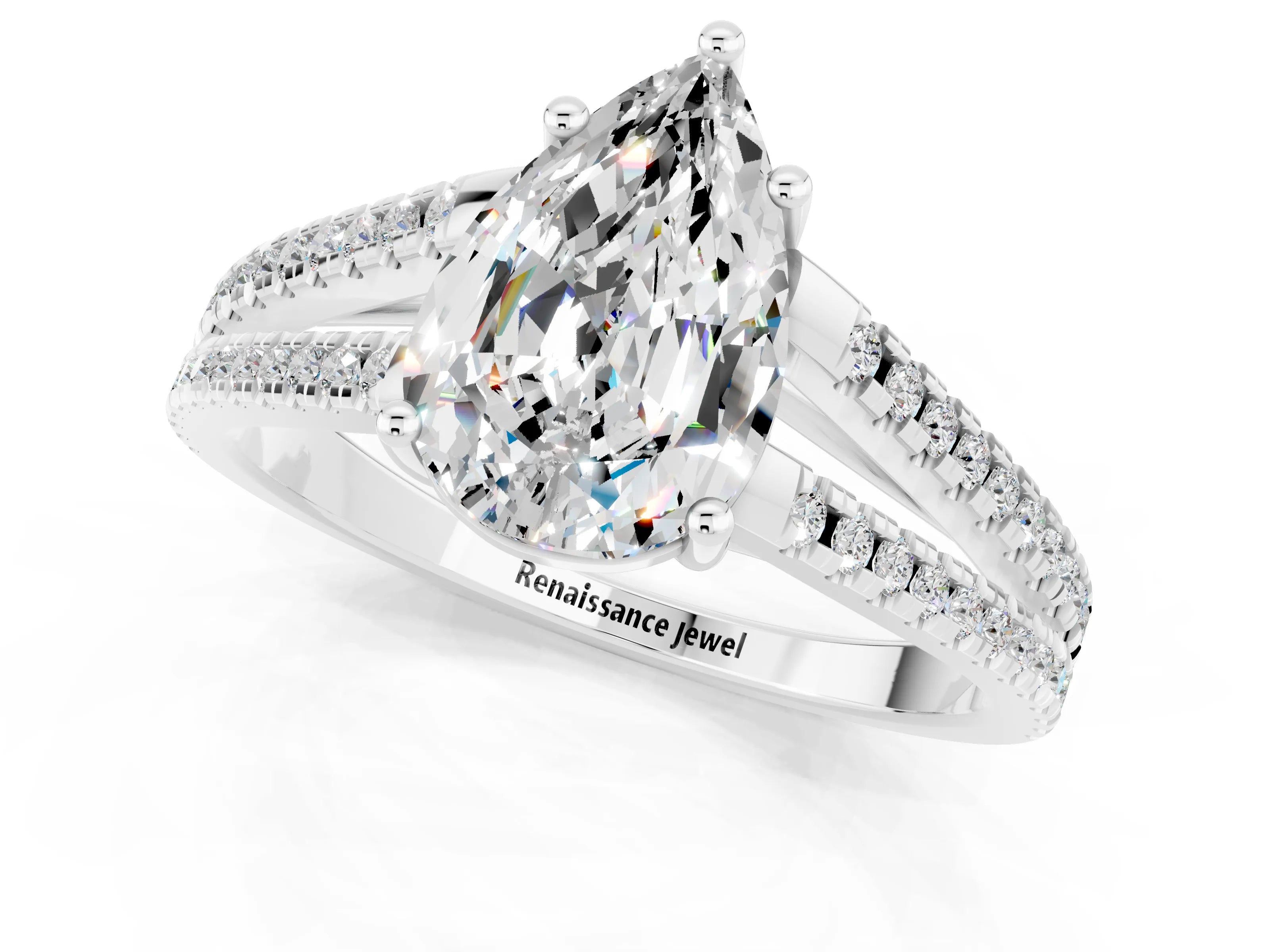 White gold Pear Cut Moissanite Solitaire Engagement Ring with Split Shank Pavé Band_1