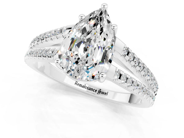 White gold Pear Cut Moissanite Solitaire Engagement Ring with Split Shank Pavé Band