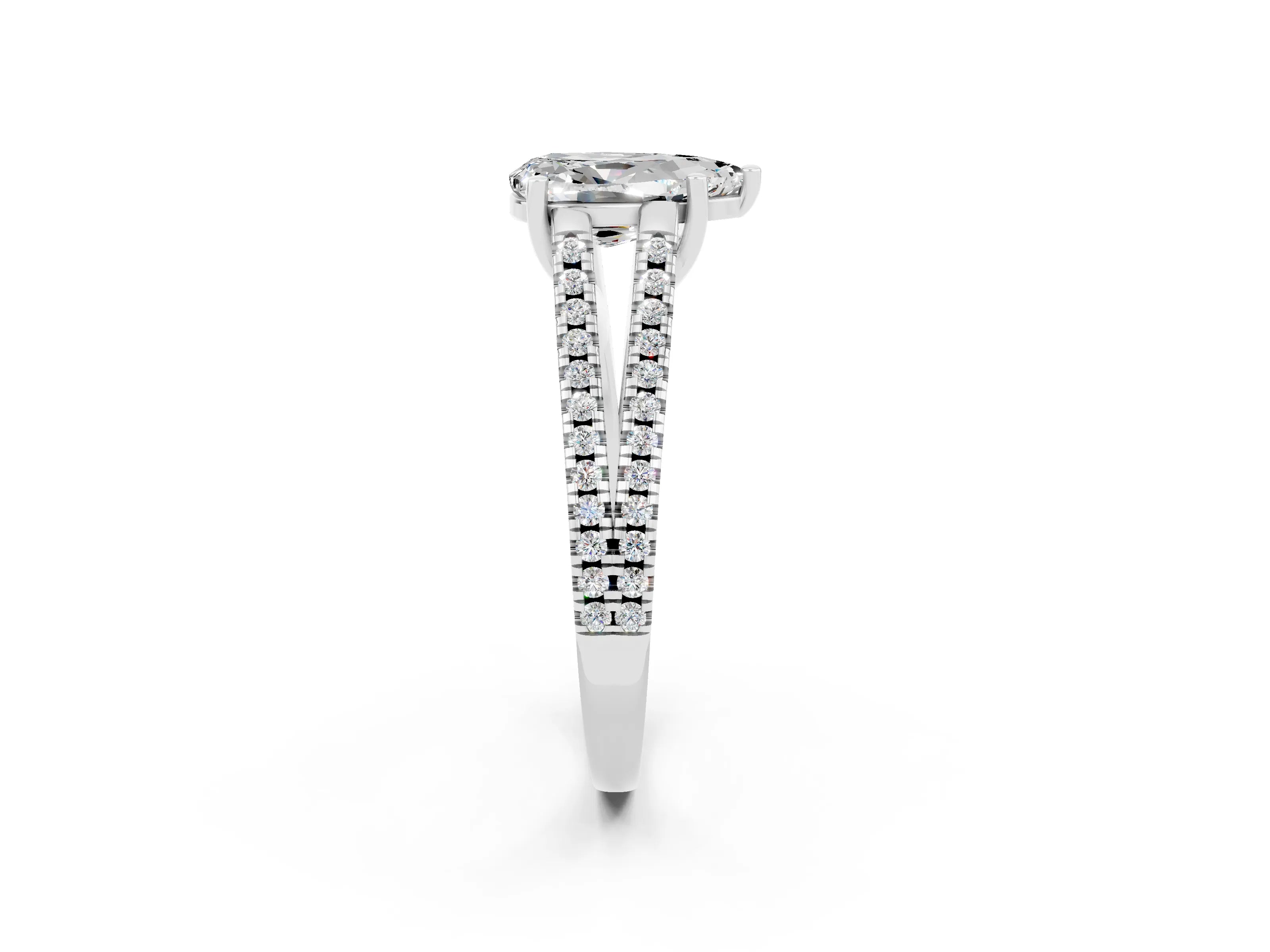 White gold Pear Cut Moissanite Solitaire Engagement Ring with Split Shank Pavé Band_2