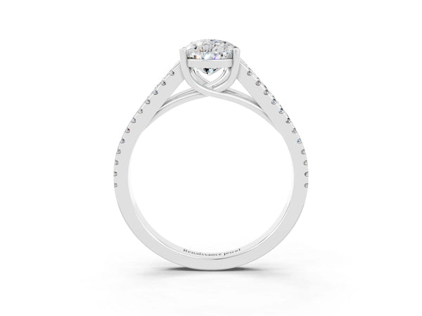 Silver Pear Cut Moissanite Solitaire Engagement Ring with Split Shank Pavé Band