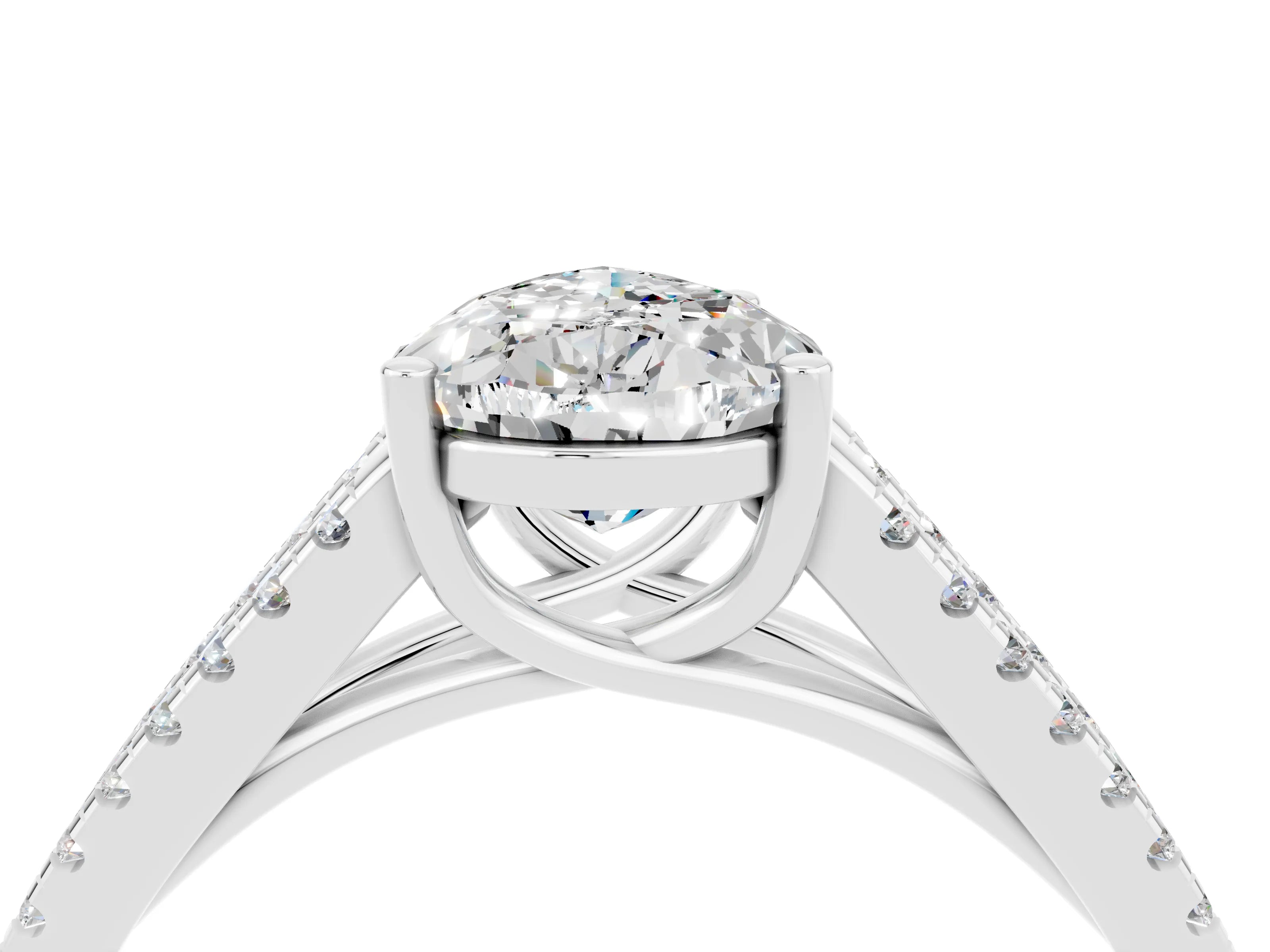 White gold Pear Cut Moissanite Solitaire Engagement Ring with Split Shank Pavé Band_4